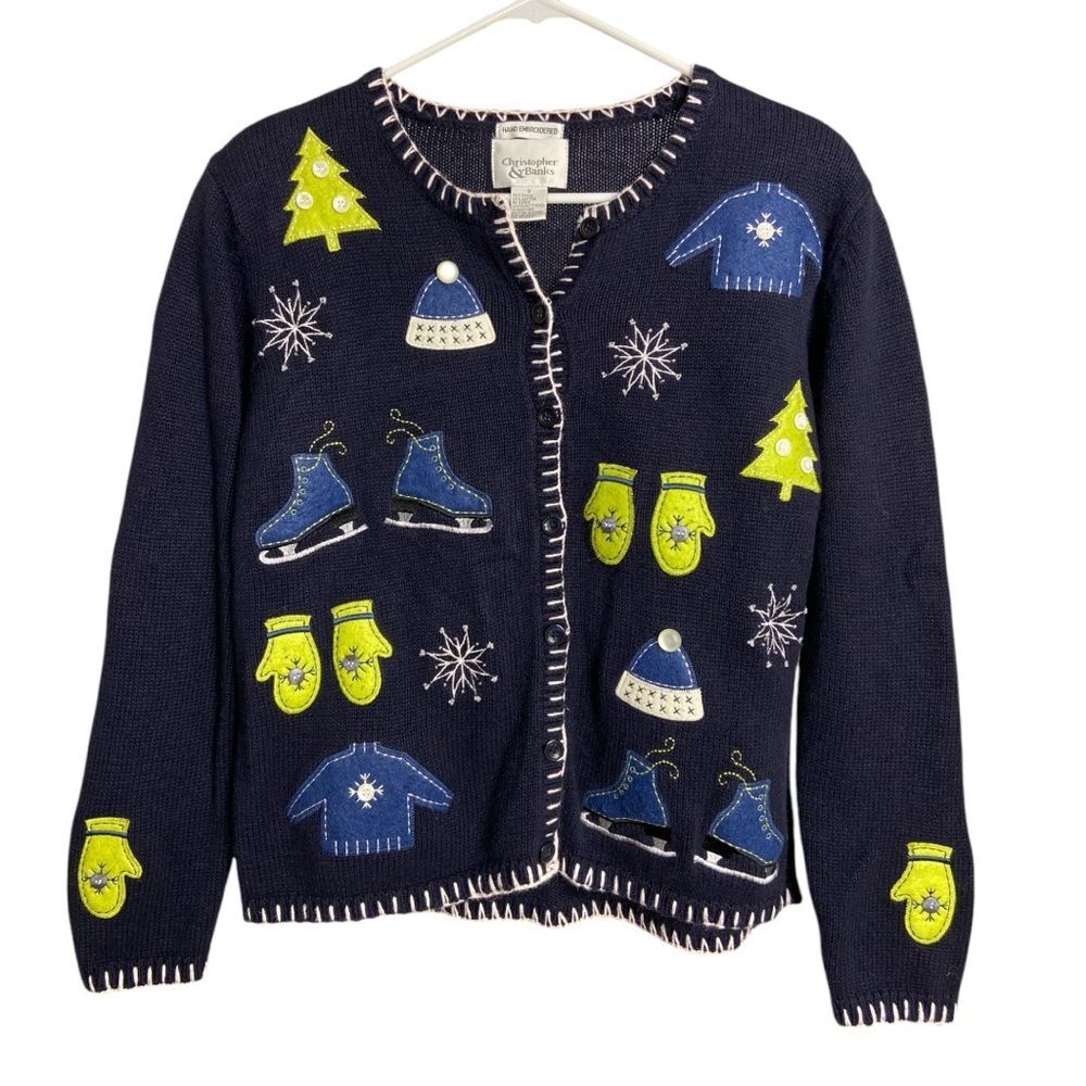 Vintage Hand Embroidered Christopher & Banks navy blue cardigan sweater size S